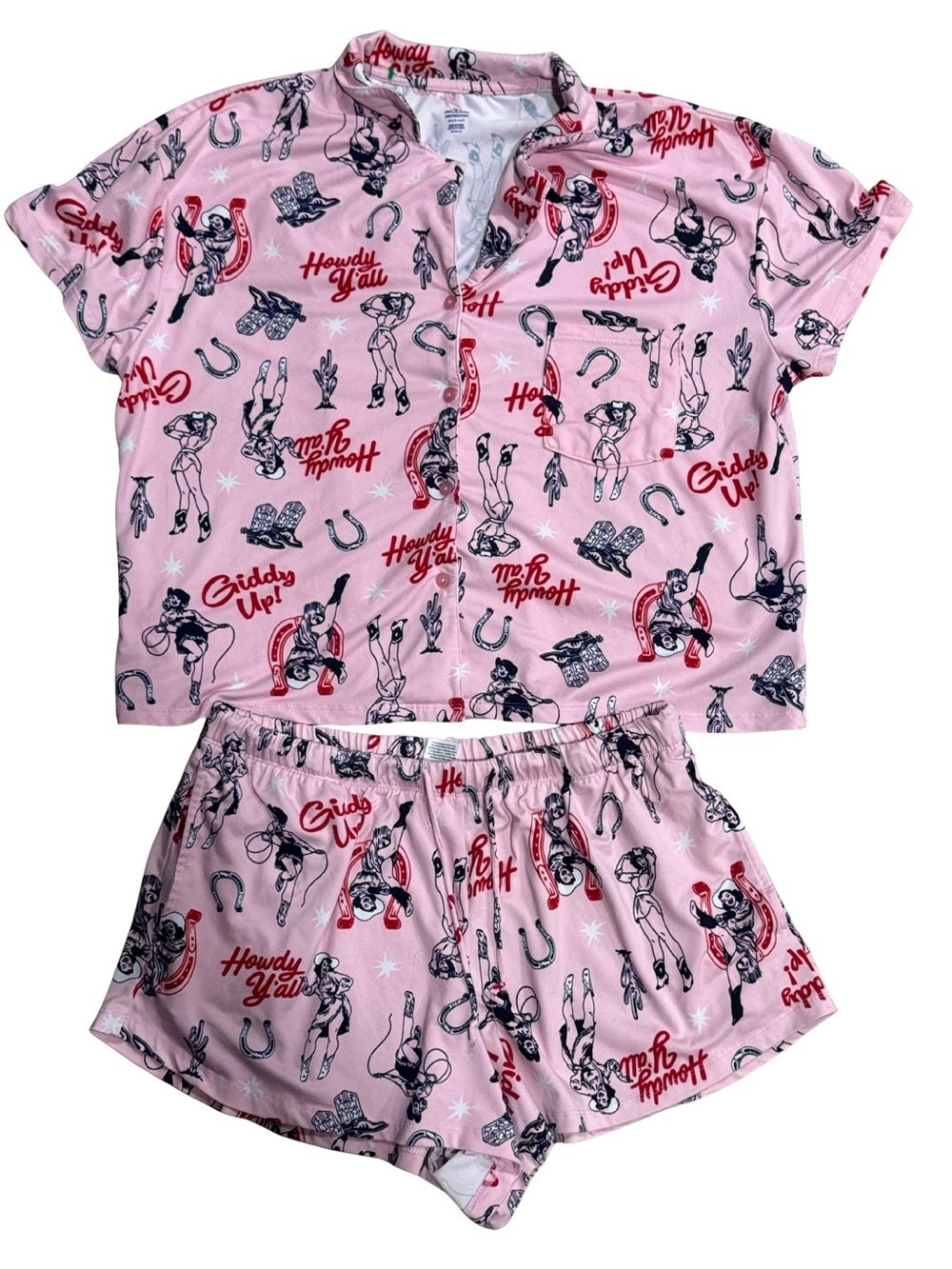 Women’s Pink Cowgirl Print Pajama Set - Short Sleeve Top & Shorts